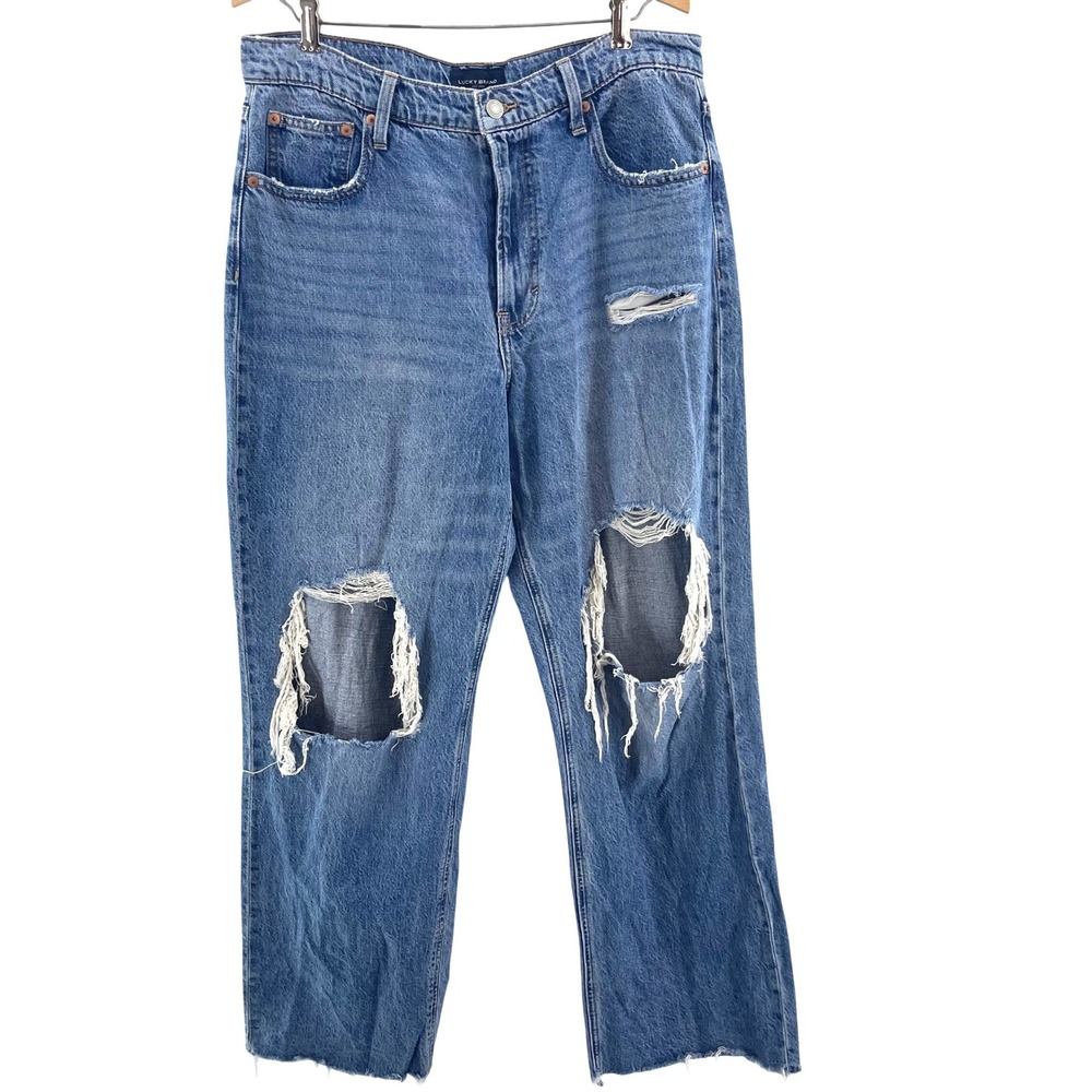 Lucky Brand‎ Wide Leg Jeans Womens 12/31 Blue Distressed High Rise Y2K Grunge